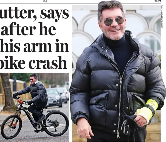  ?? ?? E-bike fan: Star cycles in London before latest crash
I’m smiles better: Simon Cowell recovers yesterday with his arm in cast