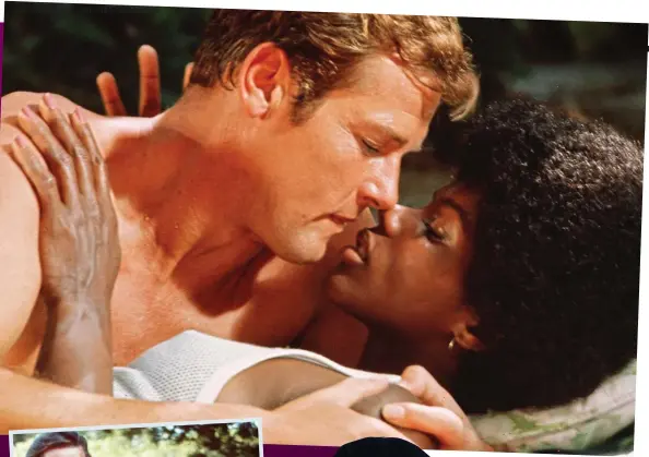  ??  ?? Moment of movie history: Roger Moore’s Bond in a clinch with Gloria Hendry (left) in Live And Let Die. Far left: The 007 star with wife Luisa and son Geoffrey during filming