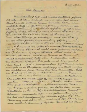  ?? KEDEM AUCTION HOUSE VIA AP ?? This undated photo released by the Kedem Auction House, shows a copy of a 1922 letter Albert Einstein wrote to his beloved younger sister, Maja. The previously unknown letter, brought forward by an anonymous collector, is set to go on auction next week in Jerusalem with an opening asking price of $12,000. In the handwritte­n letter, Einstein expressed fears of anti-Semitism long before Nazis’ rise.