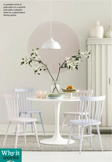  ??  ?? A painted circle in pale pink on a neutral wall adds a playful twist to a pared-back dining space