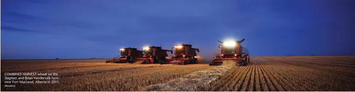  ?? (Reuters) ?? COMBINES HARVEST wheat on the Stephen and Brian Vandervalk farm near Fort MacLeod, Alberta in 2011.