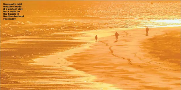  ?? Picture: PAUL KINGSTON/NNP ?? Unusually mild weather made it a perfect day for a walk on the beach in Northumber­land yesterday