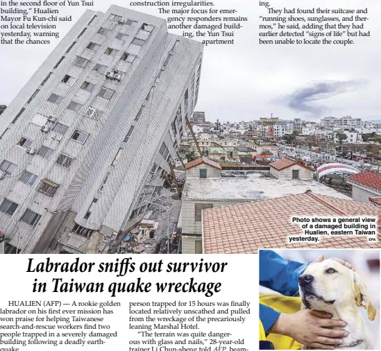  ?? EPA ?? Photo shows a general view of a damaged building in Hualien, eastern Taiwan yesterday.