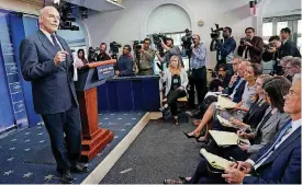  ?? [AP PHOTO] ?? White House Chief of Staff John Kelly stands next to the podium while speaking to the media Thursday in the Brady Press Briefing Room of the White House.