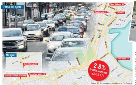  ?? PHOTOS: STEPHEN JAQUIERY AND GERARD O’BRIEN ?? Rush hour . . . Cars bumper to bumper in Crawford St at 8.30am on Wednesday. Inset: Traffic backs up on Highgate from Roslyn Village shortly after 3pm yesterday.