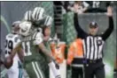  ?? THE ASSOCIATED PRESS ?? Jets wide receivers Robby Anderson (11) and Jermaine Kearse (10) celebrate Anderson’s touchdown catch against the Carolina Panthers during Sunday’s game at MetLife Stadium.