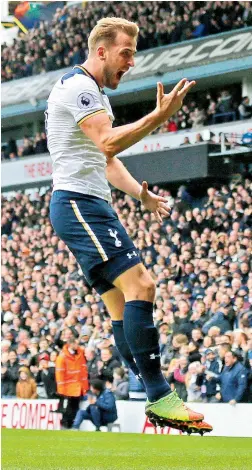  ??  ?? Tottenham Hotspur’s Harry Kane celebrates after scoring his side’s second goal in their 4-0 win over Stoke City in the English Premier League match at White Hart Lane Stadium in London on Sunday.