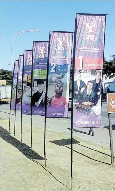  ?? ?? BANNERS TO ASPIRE TO: Alexandria Christian Academy’s values are emblazoned on flags, being Leadership, Passion, Excellence, Integrity, Community and Service