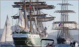  ??  ?? German tall ship Alexander von Humboldt II followed by the Russian tall ship Krusenster­n, off the coast of Toulon, France. The Alexander von Humboldt II will sail into Boston on Saturday.