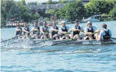  ?? FOTO: ALEXANDER PISCHKE ?? Mit Platz elf am zweiten Renntag der Ruder-Bundesliga in Werder an der Havel war der Waldsee-Achter nicht zufrieden.