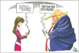  ?? Steve Benson, The Arizona Republic, Arizona, EE.UU. ?? ACOSO. “Es hora de luchar contra el acoso online”, dice Melania. Y su esposo, Donald Trump, le responde: “¡Cállate, pequeña Melania!”.