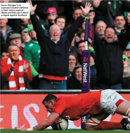  ??  ?? Aaron Shingler’s try exposed Ireland’s defence in their victory against Wales and they can’t afford a repeat against Scotland