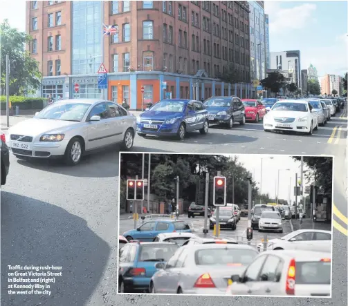  ??  ?? Traffic during rush-hour on Great Victoria Street in Belfast and (right) at Kennedy Way in the west of the city