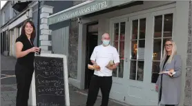  ??  ?? Pints and food to take away at the Conyngham Arms in Slane. Pictured are Tracey, Matthias and Donna from the hotel.