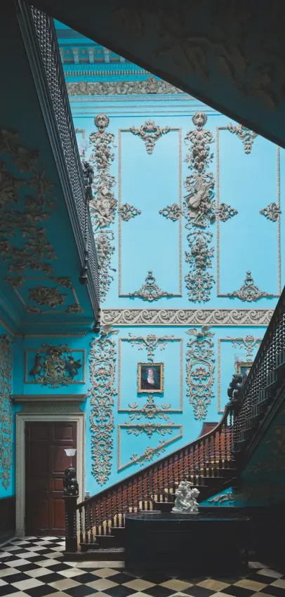  ??  ?? Fig 4 right: The main stair (1754–6) with its plasterwor­k by John Jenkins. Originally, the interior would have been distempere­d. The blue is a striking 20th-century touch