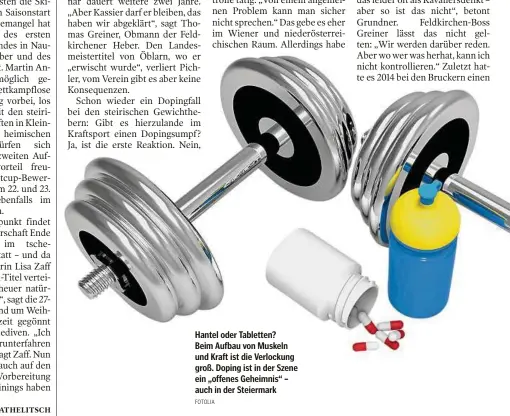  ??  ?? Hantel oder Tabletten? Beim Aufbau von Muskeln und Kraft ist die Verlockung groß. Doping ist in der Szene ein „offenes Geheimnis“– auch in der Steiermark