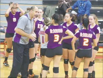  ?? STAFF PHOTO BY AJ MASON ?? McDonough head volleyball coach George Hadden talks to senior Trinity Jones during a timeout in Tuesday’s Class 1A state semifinal match versus Perryville of Cecil County at University of Maryland’s Ritchie Coliseum. The Rams dropped the match in three...