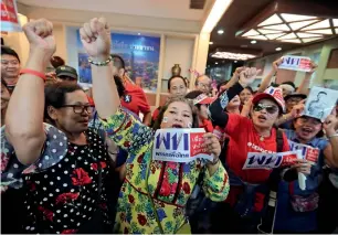  ?? Reuters ?? Supporters of Pheu Thai Party react after unofficial results of the general election in Bangkok, Thailand, on Sunday. —