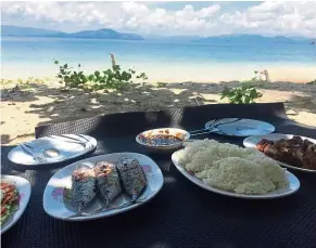  ??  ?? Have a traditiona­l meal on the beaches of Palawan, which consists of freshly caught fish served with rice, tomatoes and onion.