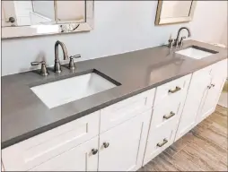  ??  ?? Double sinks and shaker cabinets are popular trends in bathroom remodels.