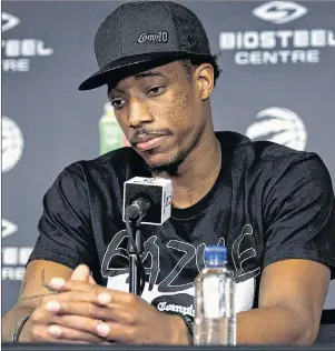  ?? CP PHOTO ?? Toronto Raptors’ DeMar DeRozan during Tuesday’s press conference at the BioSteel Centre in Toronto.