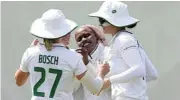  ?? Paul Kane/Getty Images ?? Success: Masabata Klaas celebrates after taking the wicket of Ellyse Perry on the first day of the one-off Test between Australia and SA. /