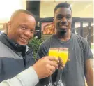  ?? Picture: GILLIAN McAINSH ?? CHEERS! Khotso Headbush, left, and Teddy Makaya toast the launch of Primavera at Baywest last Thursday