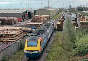  ?? Martin Turner ?? The first members of Porterbroo­k’s stored fleet to be sent for disposal, Nos. 43061 and 43075, are seen arriving at Sims Metals, Newport, on October 27, after being dragged by No. 57312 on a 5Q76 11.30 ex-Long Marston working.