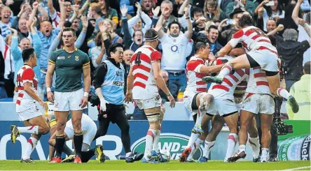  ?? Picture: GETTY IMAGES ?? SPRINGBOK MISERY: Karne Hesketh of Japan and his teammates celebrate scoring the winning try during the 2015 Rugby World Cup Pool B match at Brighton, England, in September