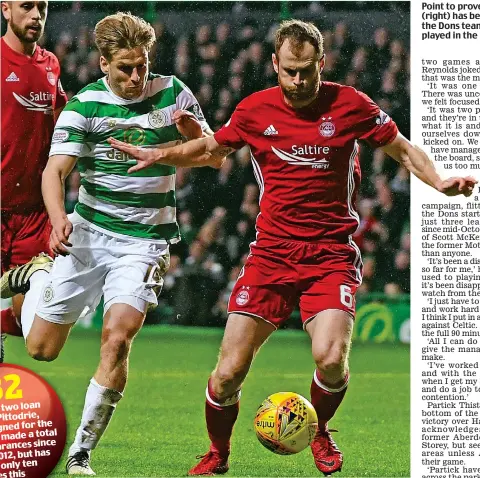  ??  ?? Point to prove: Reynolds (right) has been in and out of the Dons team this season but played in the loss to Celtic