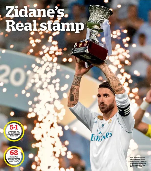  ?? AFP ?? Real Madrid captain Sergio Ramos holds up the Super Cup after beating Barcelona 2-0 in the second leg on Thursday. —