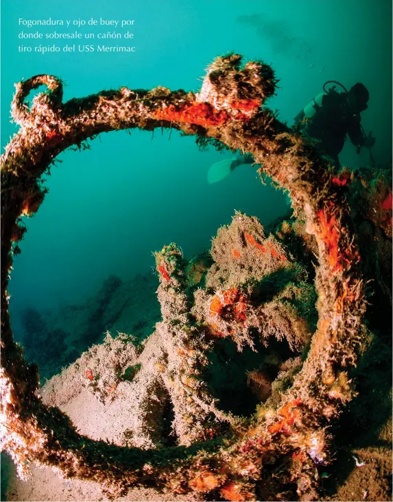  ??  ?? Fogonadura y ojo de buey por donde sobresale un cañón de tiro rápido del USS Merrimac