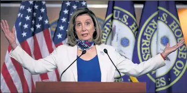  ?? Chip Somodevill­a / Getty Images ?? Speaker of the House Nancy Pelosi, D-calif., speaks to reporters Thursday during a news conference in Washington. President Donald Trump announced Tuesday he has halted pandemic relief negotiatio­ns until after Election Day.