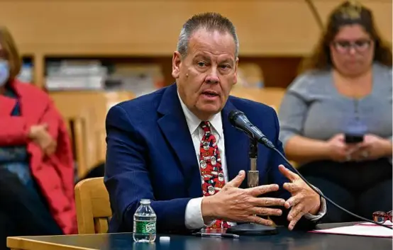  ?? JOSH REYNOLDS FOR THE BOSTON GLOBE ?? Interim Superinten­dent William D. Hart, during an interview with the Everett School Committee, which voted to install him as the new superinten­dent despite community members saying they want to pause the process.