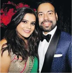  ??  ?? Party vice-chair Manjot Hallen and his wife Careena Sharma were all smiles following a record-breaking tally in support of the new $12-million Sunny Hill Rehabilita­tion Health Centre for Children.