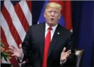  ?? EVAN VUCCI — THE ASSOCIATED PRESS ?? President Donald Trump speaks during a meeting with South Korean President Moon Jae-In at the Lotte New York Palace hotel during the United Nations General Assembly, Monday in New York.