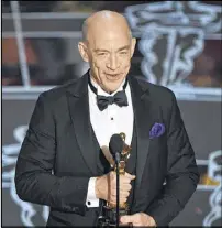  ??  ?? Supporting­actor
J.K. Simmons: After accepting the Oscar for best supporting actor for his role in “Whiplash,” he told the audience to “Call your mom, everybody.” JOHN
SHEARER / INVISION