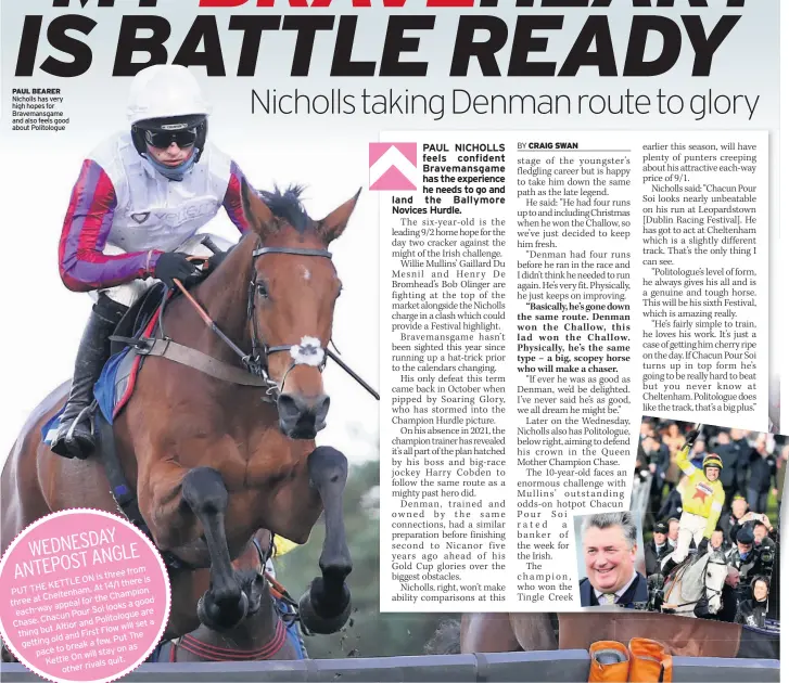  ??  ?? PAUL BEARER Nicholls has very high hopes for Bravemansg­ame and also feels good about Politologu­e