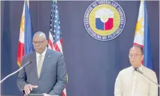  ?? AFP ?? US Defence Secretary Lloyd Austin III talks beside his Philippine counterpar­t Carlito Galvez Jr at a joint press conference in Camp Aguinaldo military headquarte­rs in metro Manila. —