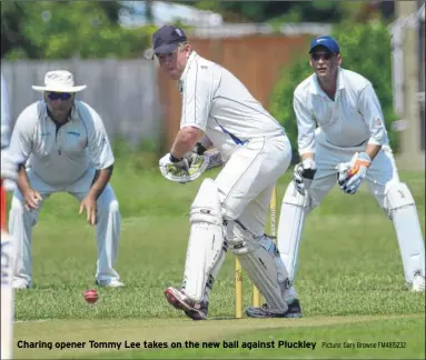  ?? Picture: Gary Browne FM4815232 ?? Charing opener Tommy Lee takes on the new ball against Pluckley