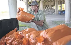  ?? JOE RAEDLE/ GETTY IMAGES ?? Ken Allen fills sandbags Aug. 24 in preparatio­n for Hurricane Laura in Morgan City, La. The storm killed at least 40 people.