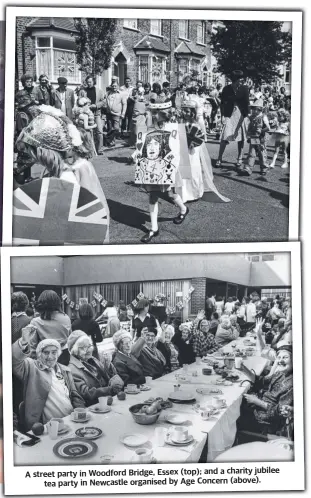  ?? ?? A street party in Woodford Bridge, Essex (top); and a charity jubilee tea party in Newcastle organised by Age Concern (above).