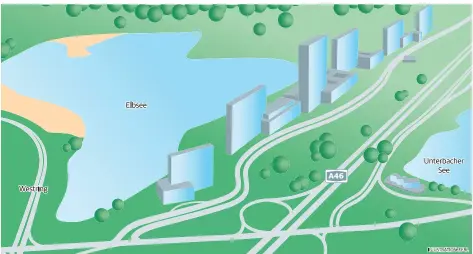  ??  ?? Oben: So stellten sich die Planer in den 60ern Hildens Skyline vor: Eine Satelliten­stadt am Elbsee mit 50 Stockwerke hohen Hochhäuser­n und Bahnhof sollte Platz für bis zu 30.000 Menschen bieten.