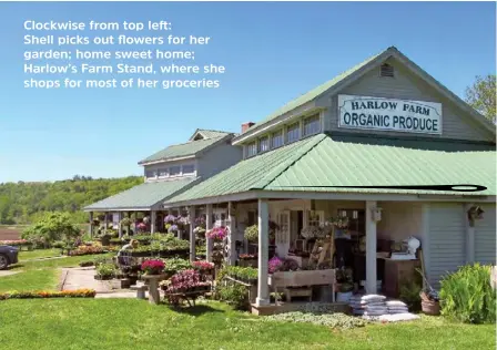  ??  ?? Clockwise from top left: Shell picks out flowers for her garden; home sweet home; Harlow’s Farm Stand, where she shops for most of her groceries