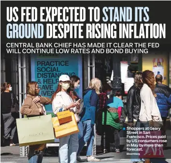  ?? Bloomberg ?? Shoppers at Geary Street in San Francisco. Prices paid by US consumers rose in May by more than forecast.