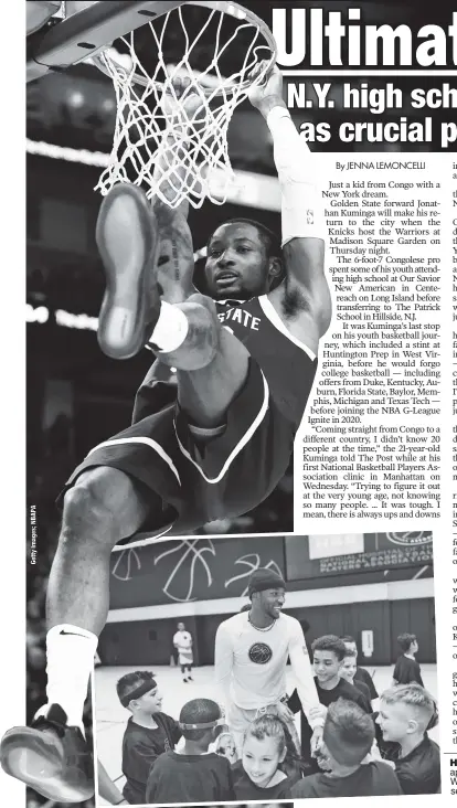  ?? ?? HAPPY DAYS: Jonathan Kuminga (left, playing with kids during his appearance at his first NBPA basketball clinic in New York on Wednesday) is averaging 15.4 points per game and enjoying his best season since being drafted No. 7 by the Warriors in 2021.