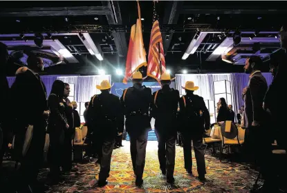  ?? Photos by Annie Mulligan / Contributo­r ?? The presentati­on of the colors occurs at Harris County Judge Lina Hidalgo’s first State of the County address Friday. The area continues to enjoy a bustling economy, but business and government leaders must not be complacent, she said.