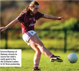  ??  ?? Emma Reaney of Galway shoots to score her side’s sixth goal in the All-Ireland Ladies U-21 final yesterday