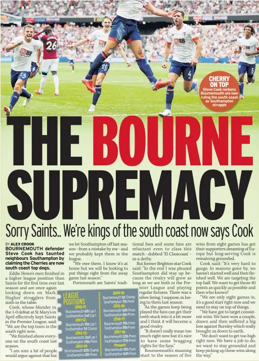  ??  ?? CHERRY ON TOP Steve Cook reckons Bournemout­h are now ruling the south coast as Southampto­n struggle