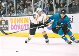  ?? Erik Verduzco ?? Las Vegas Review-journal @Erik_verduzco Golden Knights center Cody Eakin pursues Sharks defenseman Joakim Ryan during the first period. Ryan, a rookie, returned to the starting lineup on Wednesday.